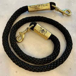 Braided Rope Leash - Black w/ Metallic Gold Leather Sleeve